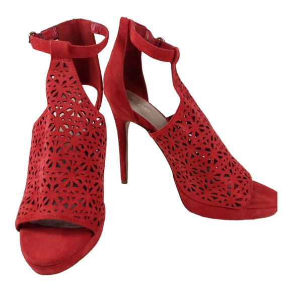 Aldo Vizzola Platform Red Sandal Sz 10 stiletto 5" Laser Cut - Picture 1 of 14